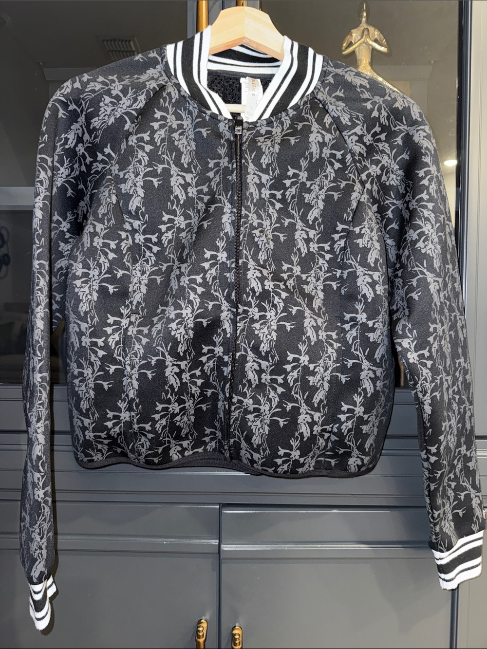 Fabletics Black Bomber Jacket with Gray Floral Print